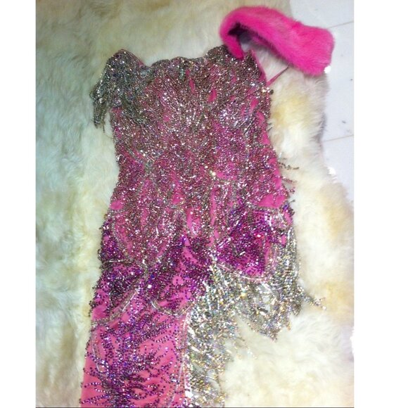 Glamorous Couture Swarovski Crystals Luxurious Fringes Mink Fur Wrap Dress Gown - Picture 12 of 15